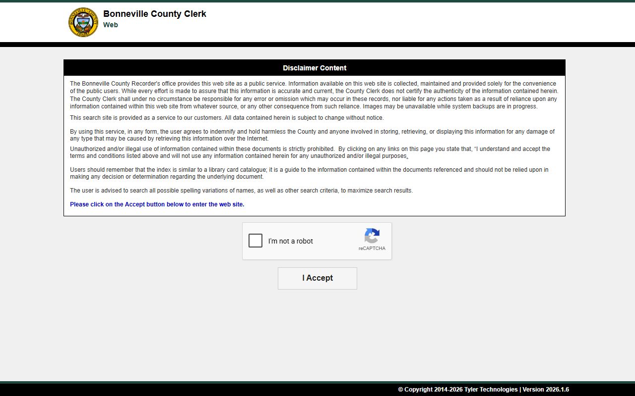 Bonneville County Clerk records Recorder Tyler self-service disclaimer