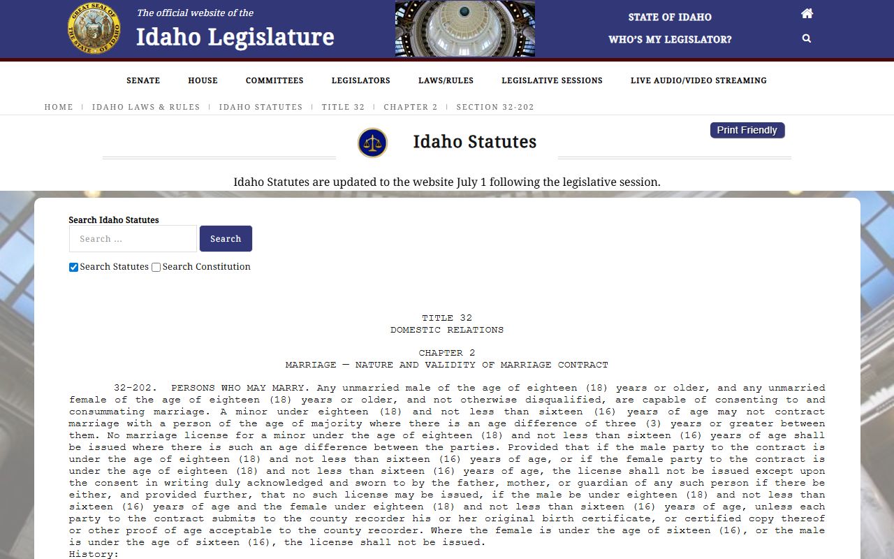 Bonneville County marriage records Idaho marriage eligibility statute