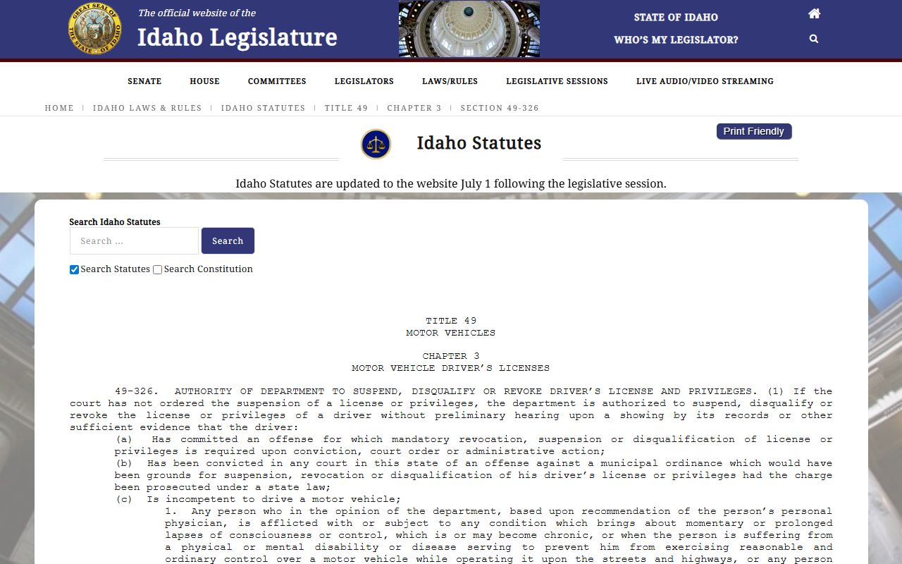 Bonneville County traffic court records Idaho driver record statute