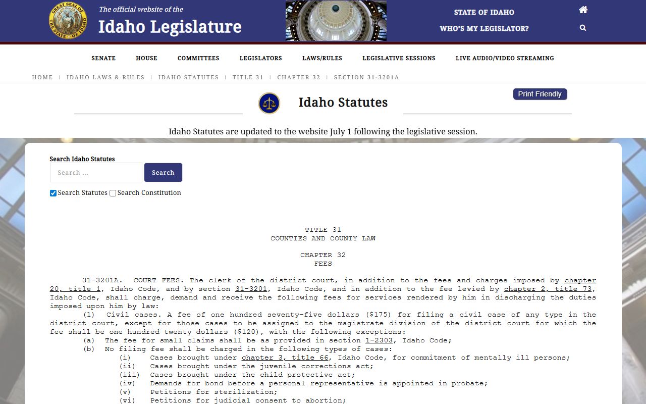 Bonneville County court records Idaho filing fee statute