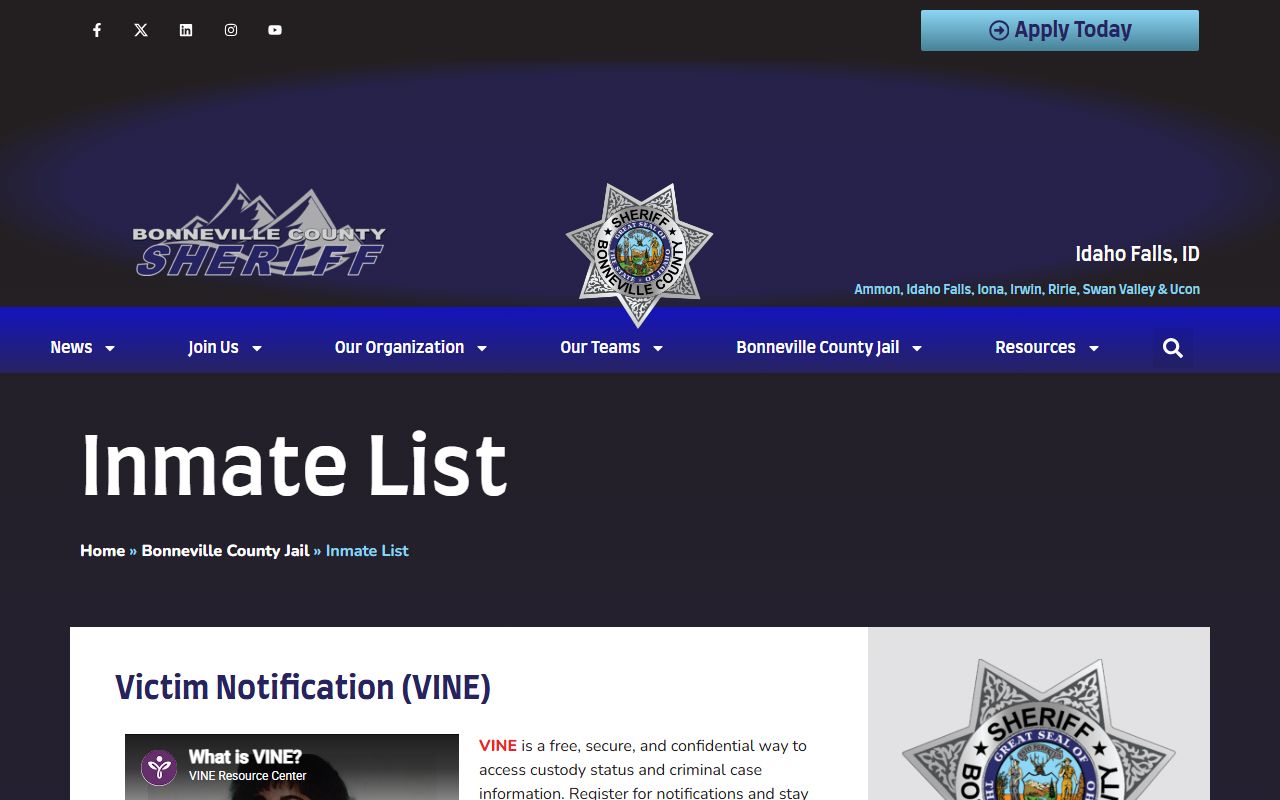 Bonneville County inmate roster table fields