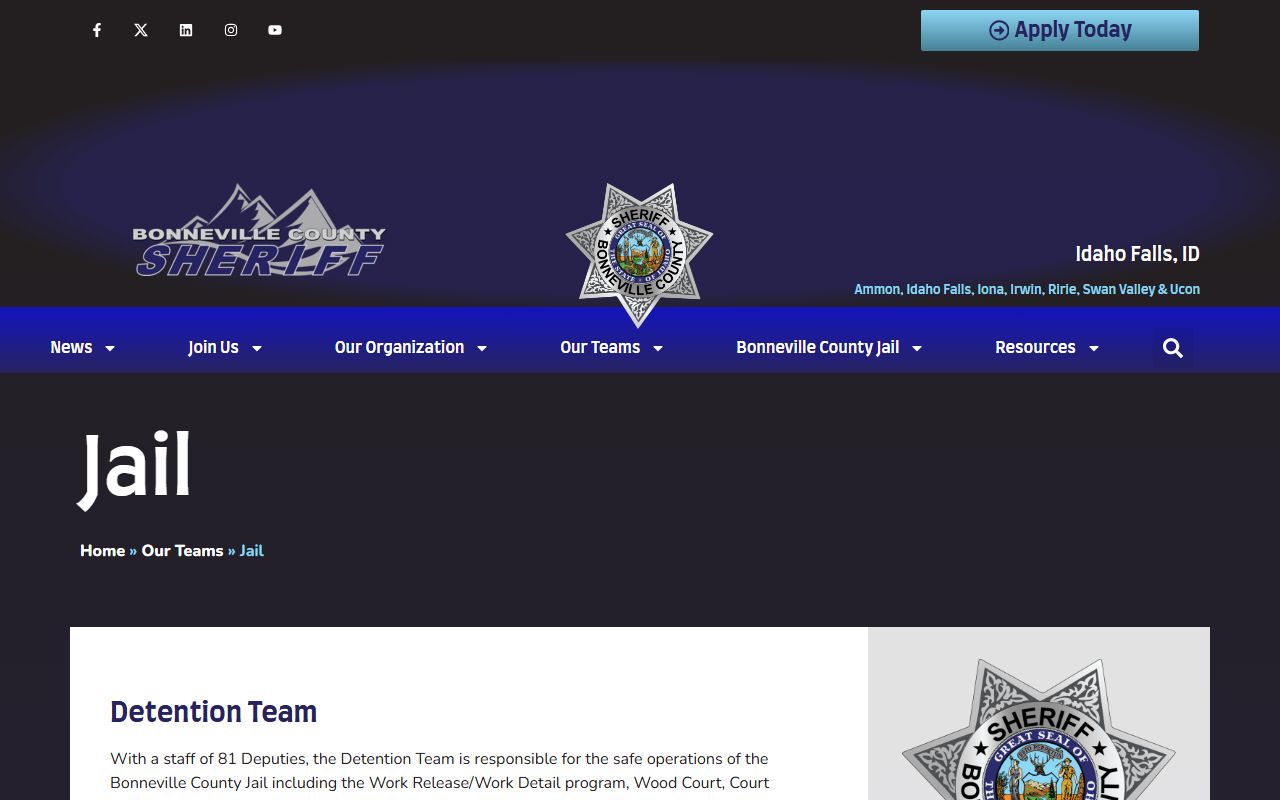 Bonneville County inmate records sheriff jail team page