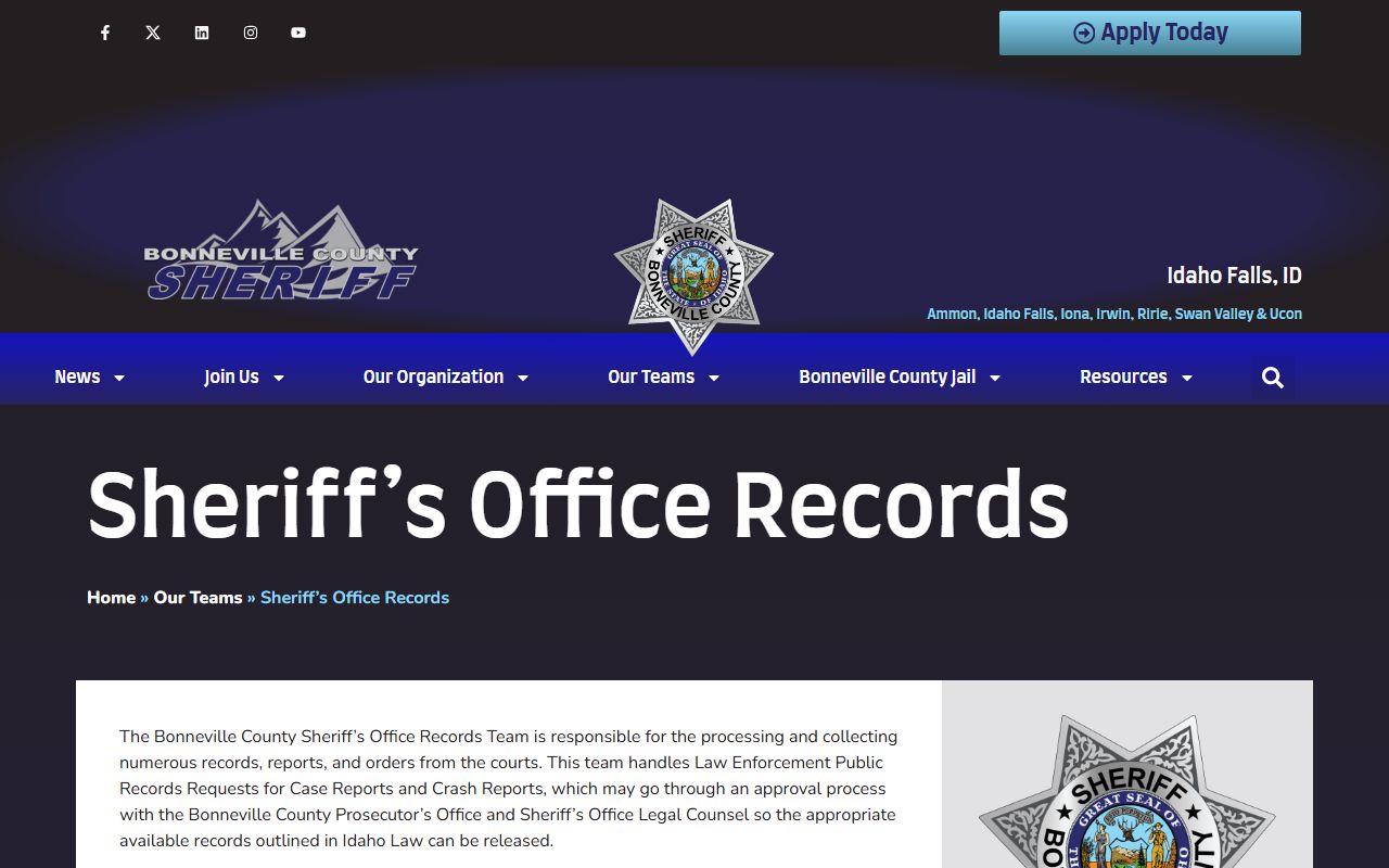 Bonneville County warrant records sheriff records team
