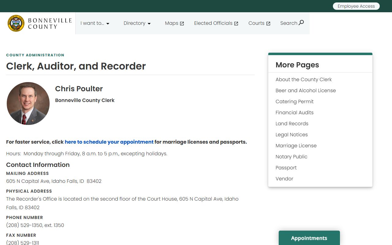 Bonneville County court records Clerk Auditor and Recorder page