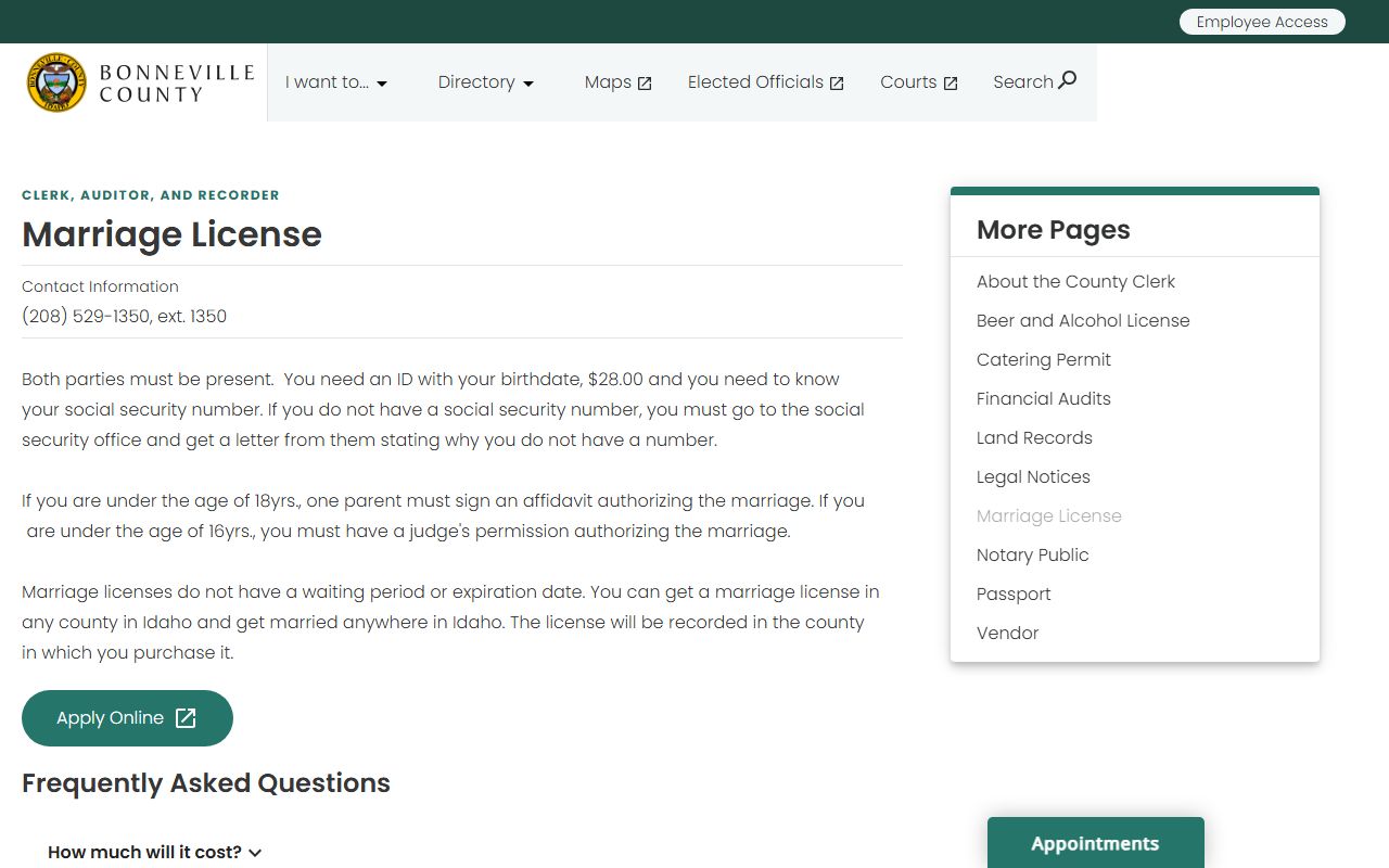 Bonneville County court records marriage license page