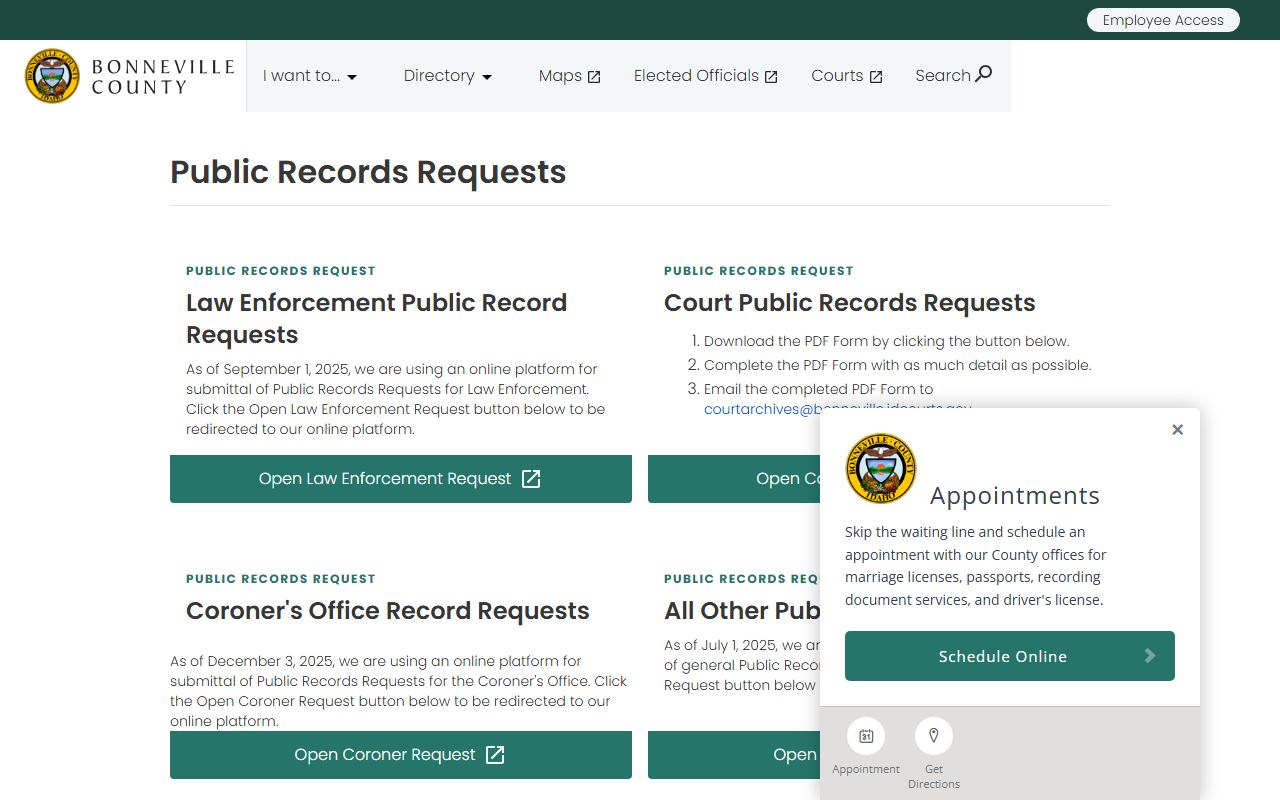 Bonneville County court records public records request channels